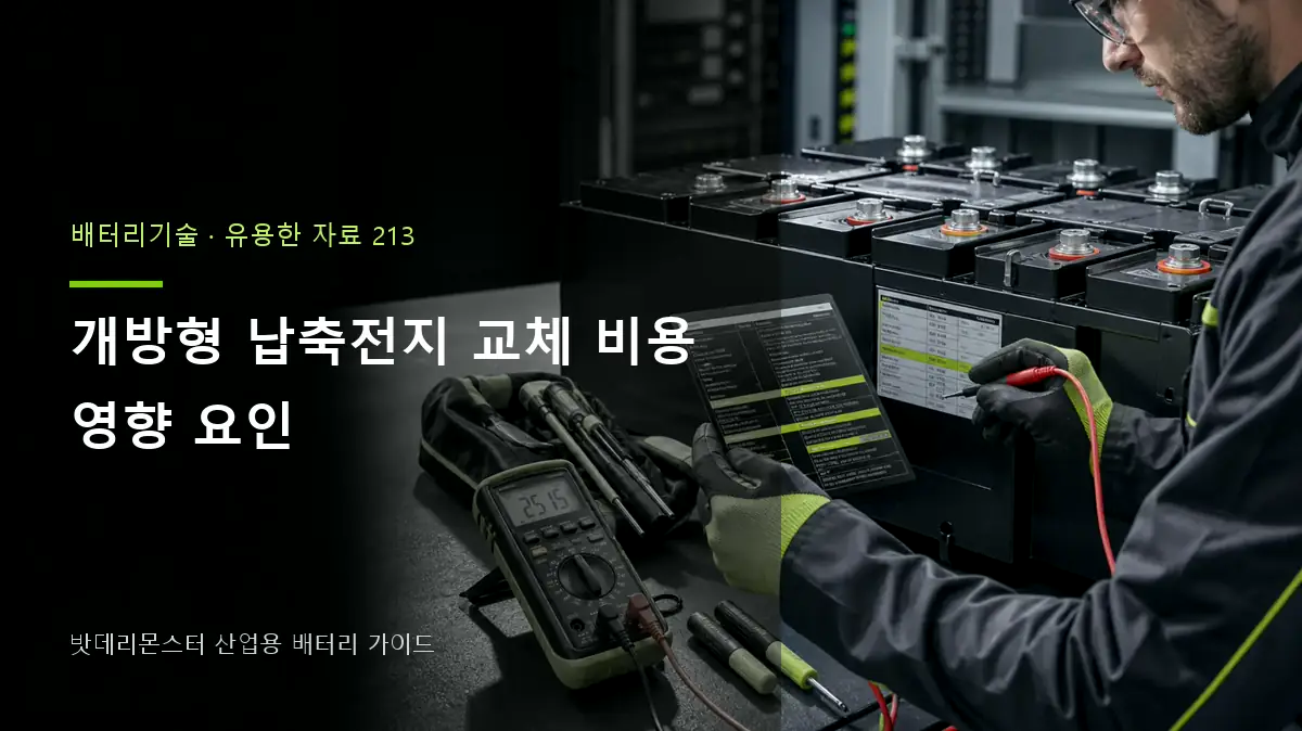 개방형 납축전지 교체 비용 영향 요인에 관한 산업용 배터리 점검 장면의 AI 제작 편집 이미지
